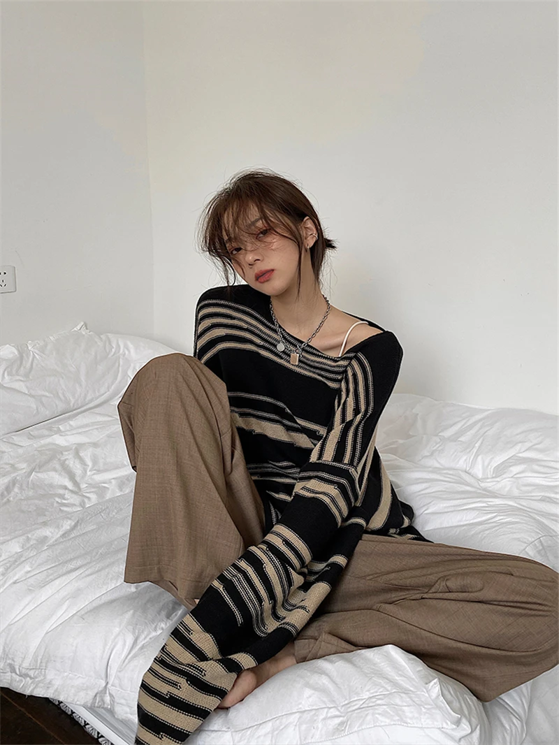 Top Trends: LMQ NEW Women Punk Gothic Striped Long Sleeve Loose Patchwork Sweater Hip Hop Retro Oversize Pullover Casual Knitted Jumpers Shoppable Styles