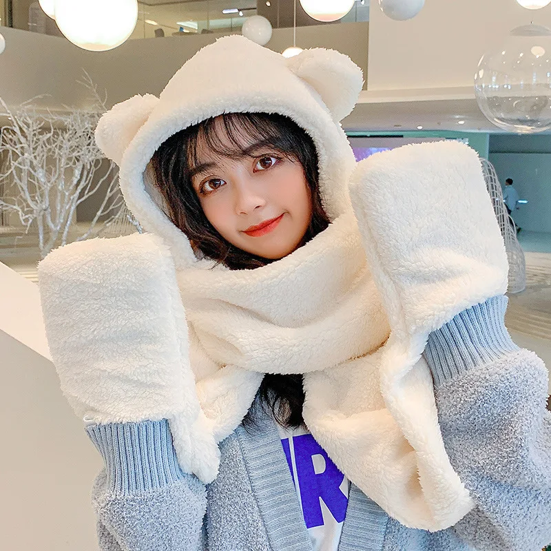 Top Trends: Lamb Wool Winter Beanie Hats For Women Girls Scarf Gloves One Piece Warm And Cold Ear Protection Cotton Cap Female Cute Bear Hat Shoppable Styles