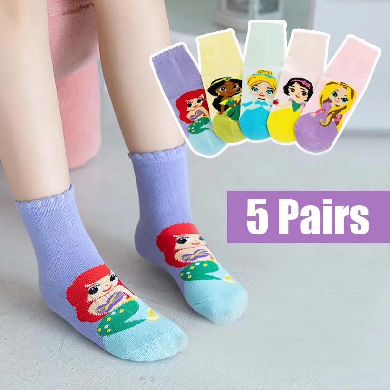 Top Trends: 5 Pairs Disney Cartoon Baby Girl Socks Snow White Mermaid Socks For Children's Cotton Socks Funny Cute Princess Socks 1-12 Years Shoppable Styles