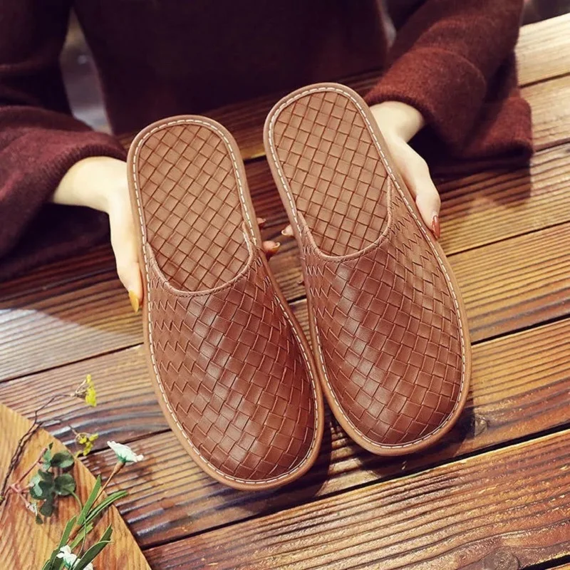 Top Trends: Cozy Spring Braided Leather Slippers Men Indoor Home Shoes Unisex Room Slippers Male Fur Slides New Mules Slipper Big Size 45 46 Shoppable Styles