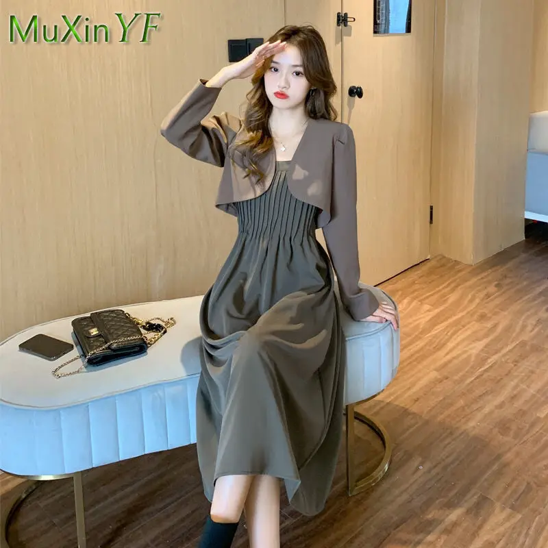 Top Trends: 2021 Autumn New Vintage Suit Jacket + Loose Strap Dress Two-piece Women French Elegant Casual Blazers Shorts Top Coat Set Shoppable Styles