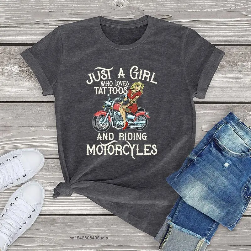 Top Trends: Womens Biker Cotton Tshirts Girl Just A Girl Who Loves Tattoos And Motorcycles Harajuku Women Shirt Kawaii Fashion Tee Tops Shoppable Styles