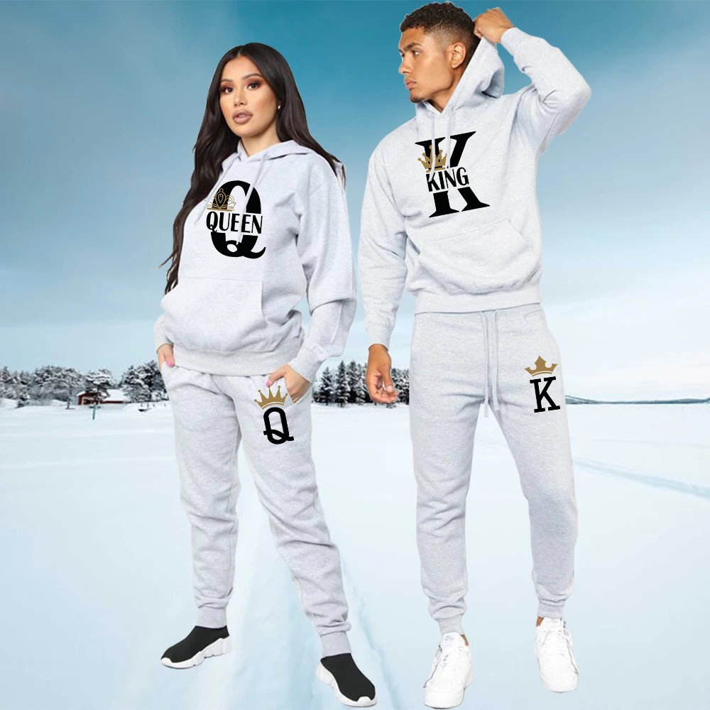 Top Trends: 2022 Fashion Lover Couple Sportwear Set KING QUEEN Printed Hooded Clothes 2PCS Set Hoodie And Pants Plus Size Hoodies Women Shoppable Styles