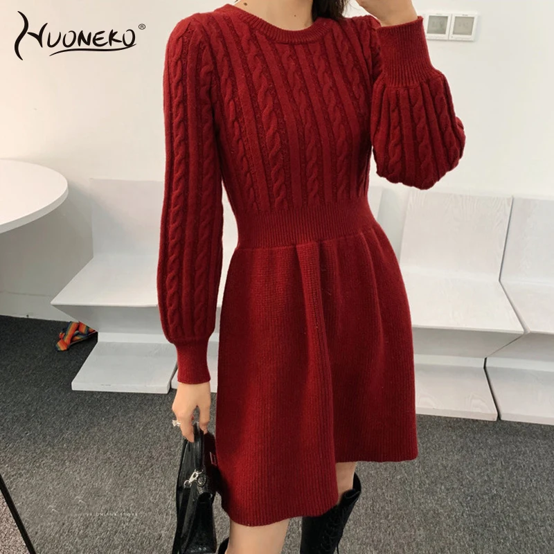 Top Trends: Women Sweater Long Sleeve Dresses Autumn Winter Knitted Patchwork Slim O Neck Elegant Solid Color Cozy Pullover Dresses WDR34 Shoppable Styles