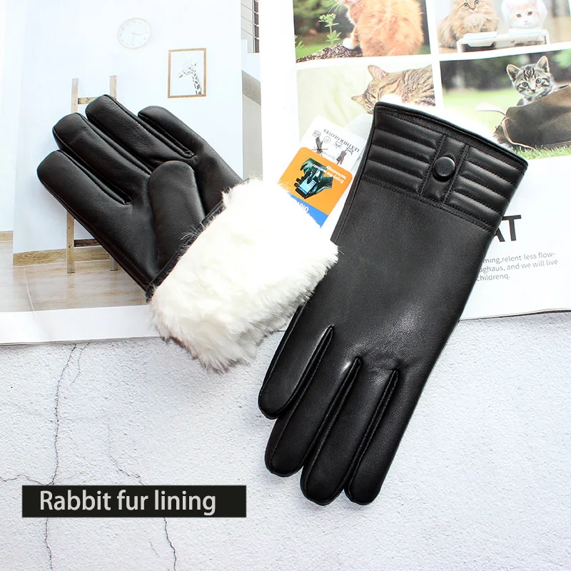 Top Trends: Winter Thickened Warmth Touch Screen Sheepskin Gloves Female Leather White Rabbit Fur Lining Outdoor Windproof Increase Finger Shoppable Styles - Image 3