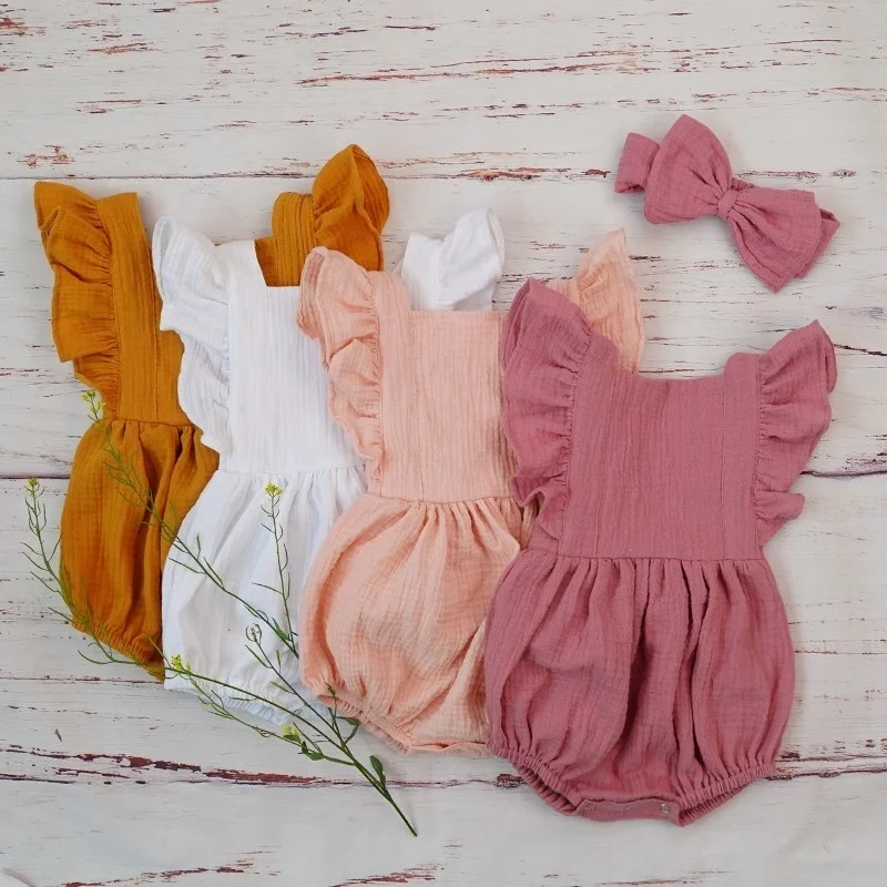 Top Trends: Organic Cotton Baby Girl Clothes Summer New Double Gauze Kids Ruffle Romper Jumpsuit Headband Dusty Pink Playsuit For Newborn 3M Shoppable Styles