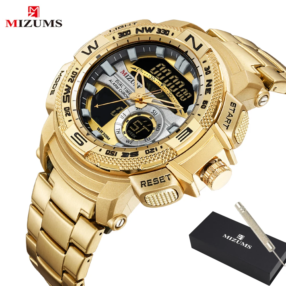 Top Trends: MIZUMS Military Wrist Watches LED Digital Sport Watch Men Gold Stainless Steel Dual Display Quartz Clock Man Relogio Masculino Shoppable Styles