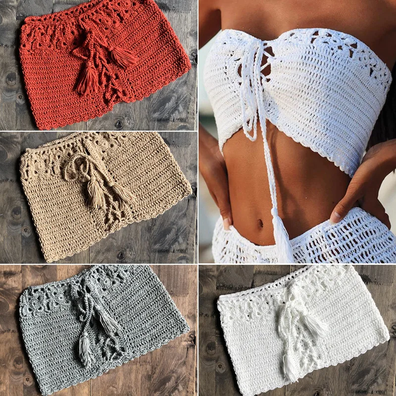 Top Trends: CROCHET BIKINI Sexy Women Knit Bandeau Bikini Top Solid Lace Up Swimwear Top Swimsuit Handmade Crochet Bikini Biquinis Feminino Shoppable Styles