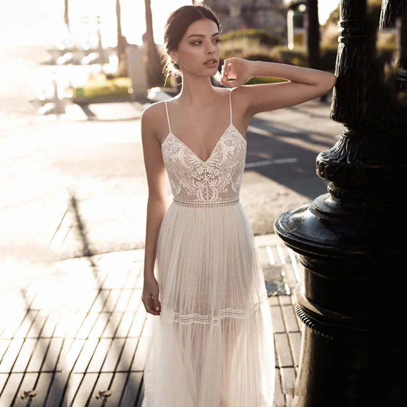 Top Trends: Eightree Bridal Gowns Lace Applique Berta Bohemian Wedding Dresses Beach Spaghetti Straps Illusion Backless Wedding Dress V Neck Shoppable Styles