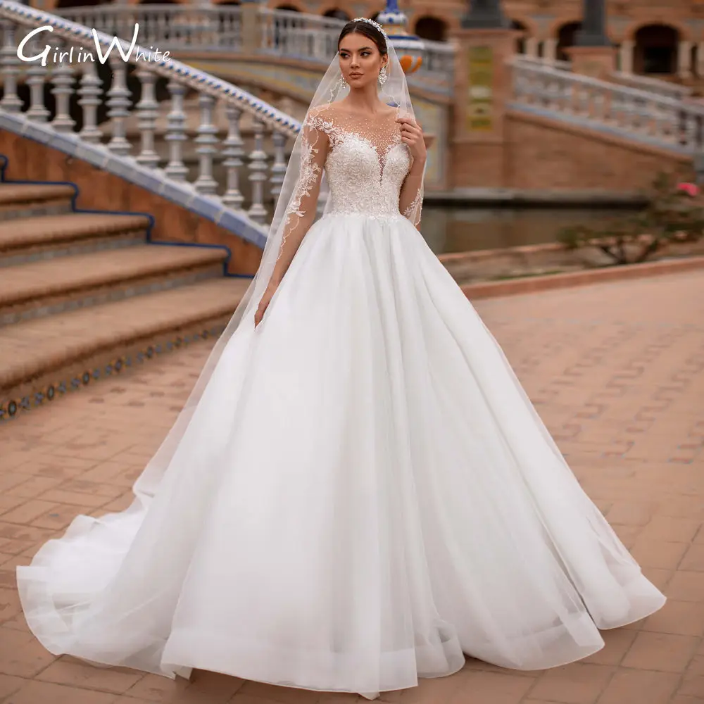 Top Trends: Illusion Long Sleeve Lace Princess Wedding Dress For Women Rpyal Beaded Court Train Bride Dress A Line Bride Gown Robe De Mariée Shoppable Styles