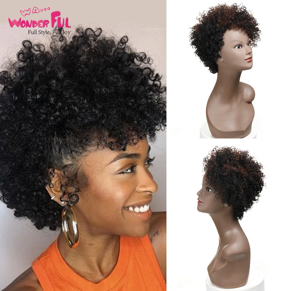 Top Trends: Wonderful Human Hair Wigs Brazilian Remy Afro Kinky Curly Wigs For Black Women Pixie Cut Human Hair Wig Short Part Wig With Bang Shoppable Styles