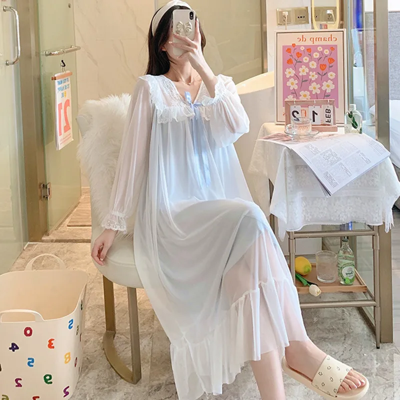 Top Trends: Fdfklak Sweet Spring Nightgowns Women Mesh Cotton Yarn Night Dress Long Sleeve Nightshirt Female Loose Home Wear Clothes Shoppable Styles