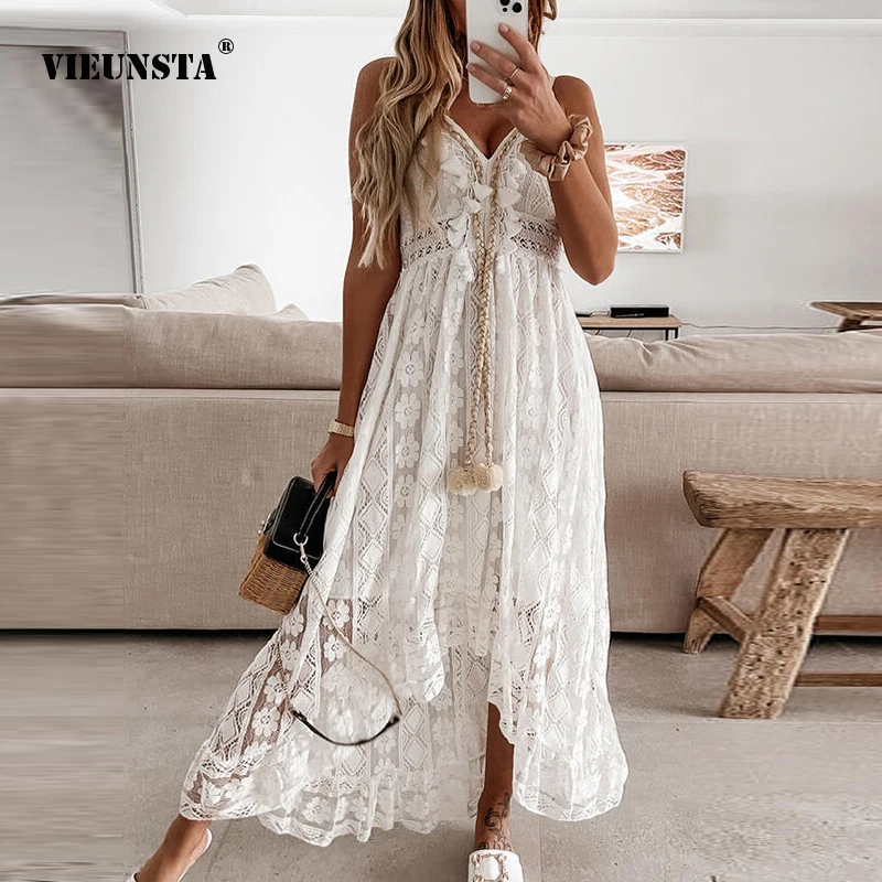 Top Trends: Off Shoulder Lace Patchwork Elegant Dress Women Summer 2023 V Neck Spaghetti Strap Dress Female New Fashion Solid Party Dresses Shoppable Styles