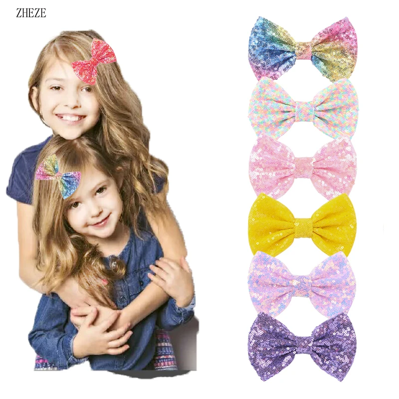 Top Trends: 2Pcs / Lot Hot Sales 5&quot; Glitter Sequins BowsWith / Without Clips Chic Barrettes DIY Hair Accessories Hair Clips For Women Rainbow Shoppable Styles