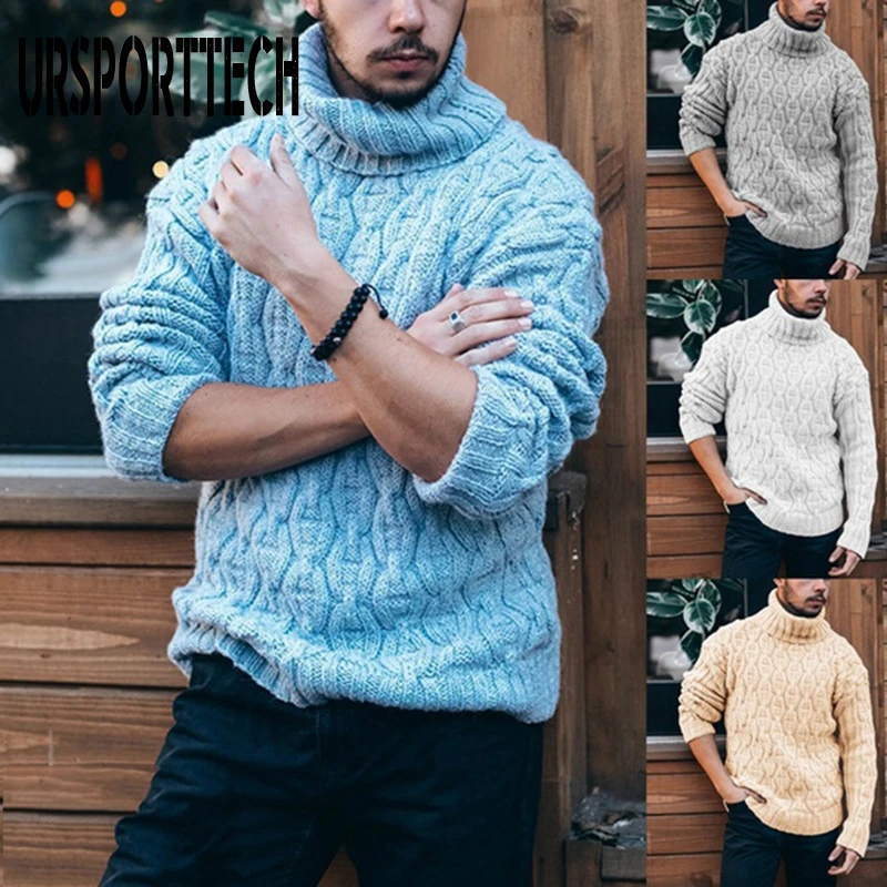 Top Trends: URSPORTTECH Autumn Winter New Mens Turtleneck Sweater Pullover Needle Diamond Twisted Flower Coarse Wool Knitted Sweaters Shoppable Styles