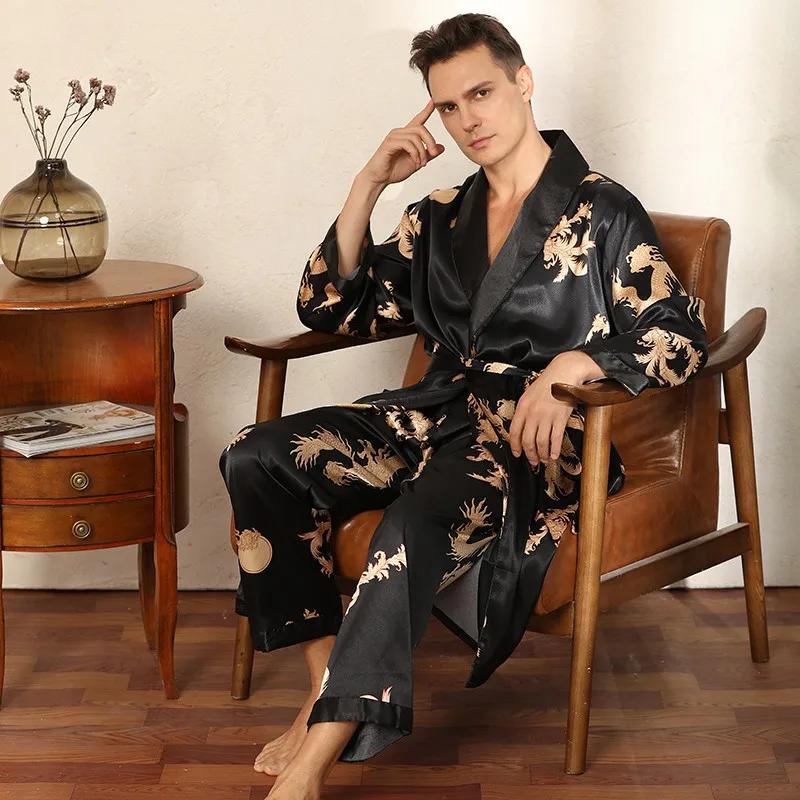 Top Trends: Male Satin Sleepwear Robe&Pants Dargon Pajamas Set Print Men Nightwear Kimono Bathrobe Gown Faux Silk Lounge Wear Home Clothes Shoppable Styles