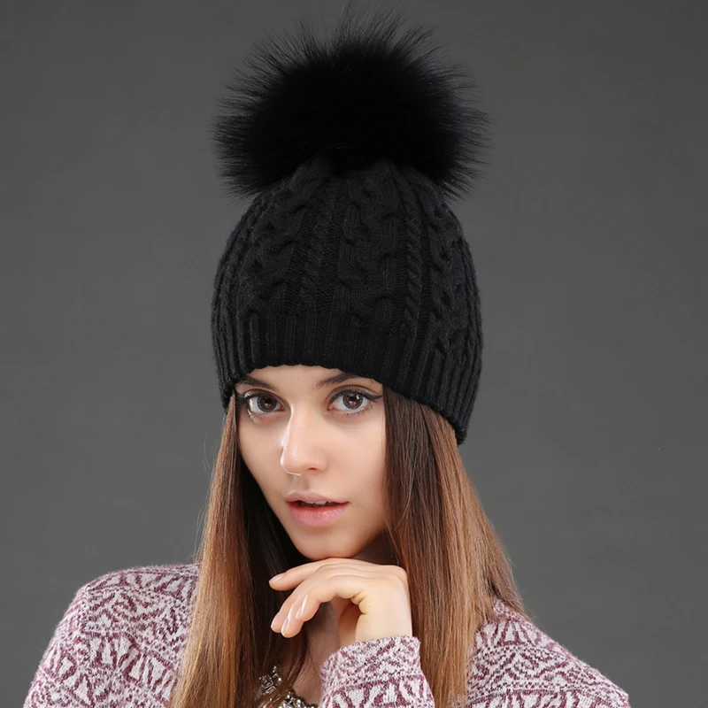 Top Trends: CNTANG 2021 Women Double Layer Knitted Hats Winter Warm Beanies Wool Hat With Pompom Natural Fur Raccoon Fashion Female Cap Shoppable Styles