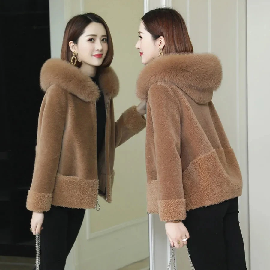 Top Trends: Womemn Faux Fur Coat Women Sheep Shearing Fall Winter Granular Velvet Korean Coat Short Faux Fox Fur Collar Hooded Coat Female Shoppable Styles