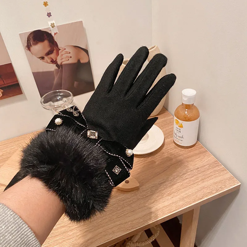 Top Trends: Cashmere Gloves Rabbit Hair Mouth Bow Cashmere Gloves Korean Fashion Woolen Cloth Warmth Riding Touch Screen Gloves A432 Shoppable Styles