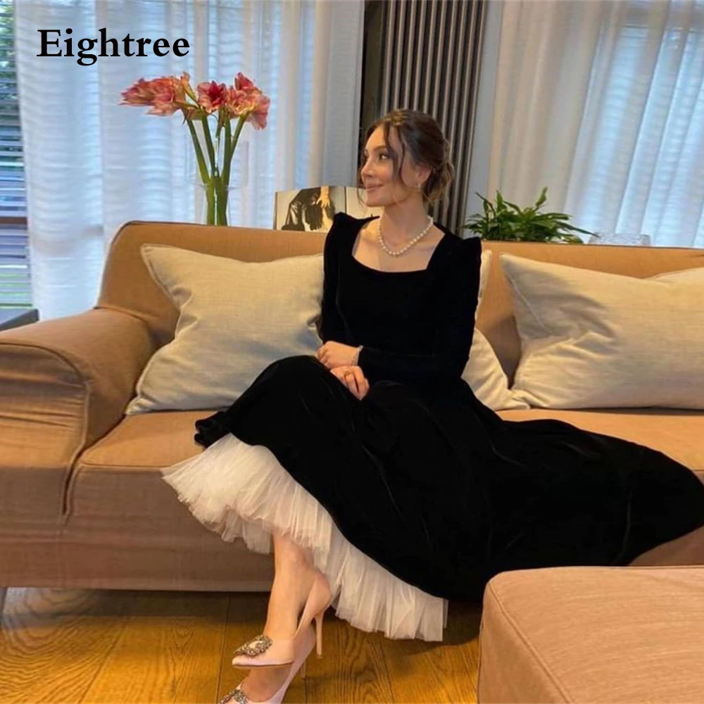 Top Trends: Eightree 2024 Black / White A Line Prom Dress Formal Evening Dresses Square Neck Long Sleeves Velour Night Party Gowns Vestidos Shoppable Styles