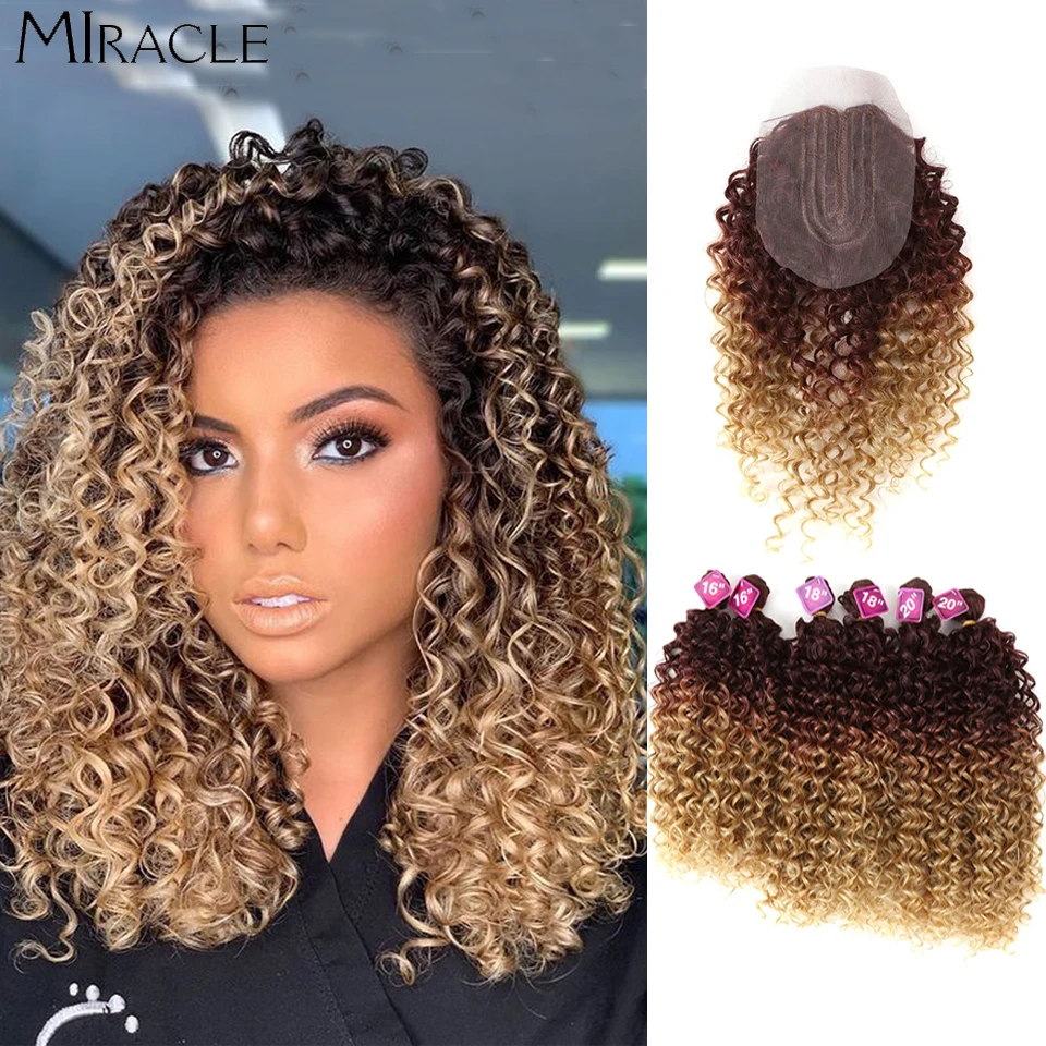 Top Trends: Afro Kinky Curly Hair Extensions Ombre Blonde 16-20Inch Synthetic Hair Bundles With Closure Weave Hair High Temperature Fiber Shoppable Styles