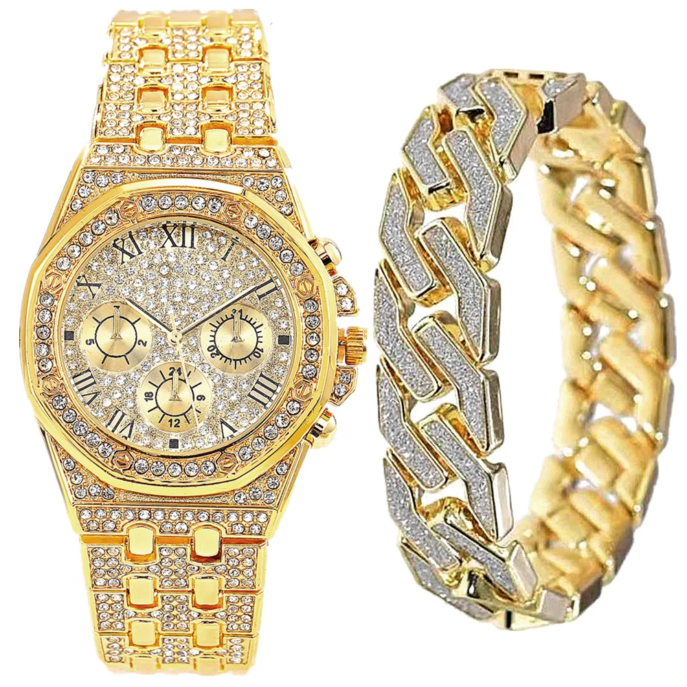 Top Trends: 2pcs Gold Watch Bracelet For Men Cuban Chain Male Bling Iced Out Wristwatch Luxury Top Brand Women Boys Clock Set Groomsmen Gift Shoppable Styles