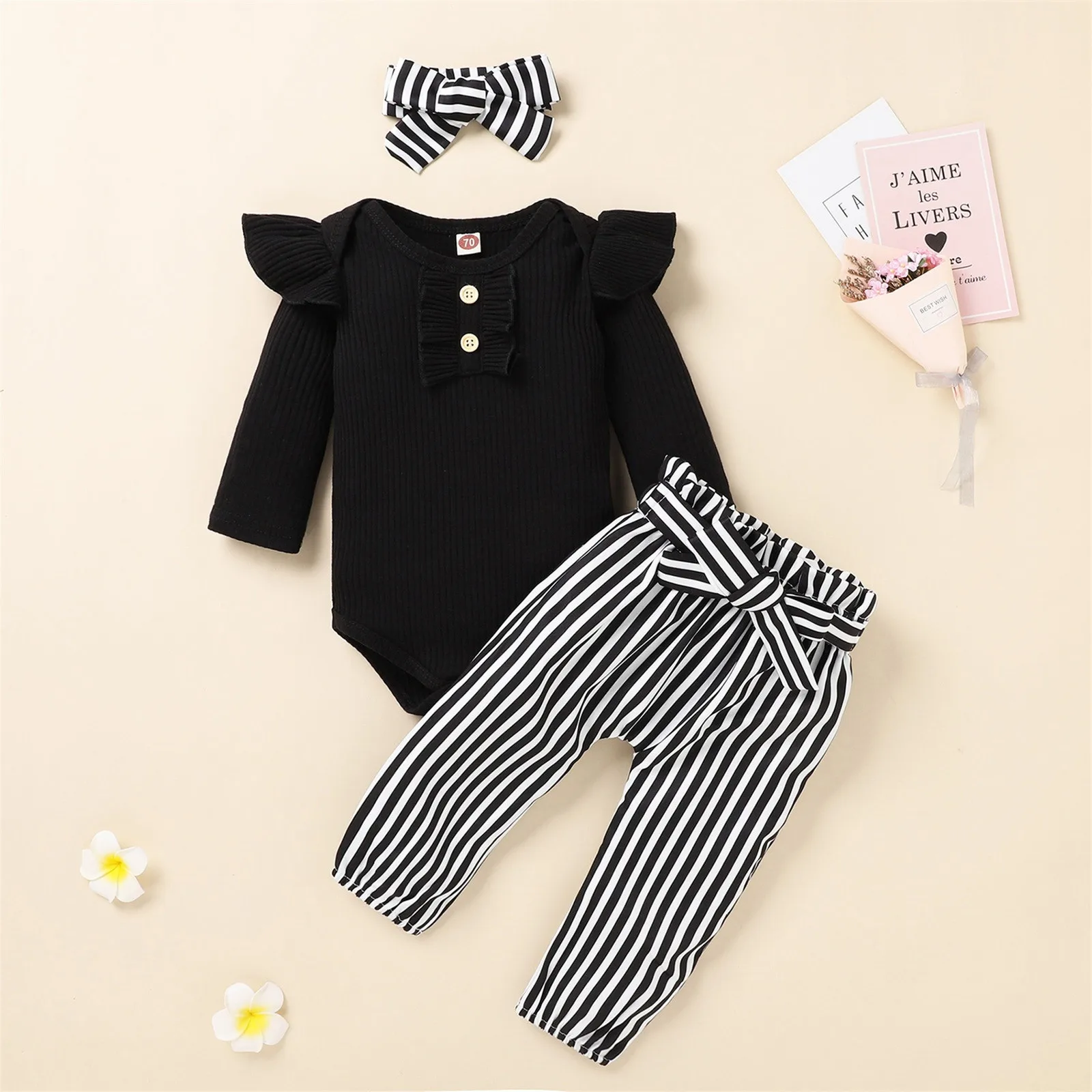 Top Trends: 3pcs Newborn Baby Girls Clothes Ribbed Bodysuit + Striped Pants + Headband Sets Baby Outfits Winter Girl Clothing 3 6 12 18 Months Shoppable Styles