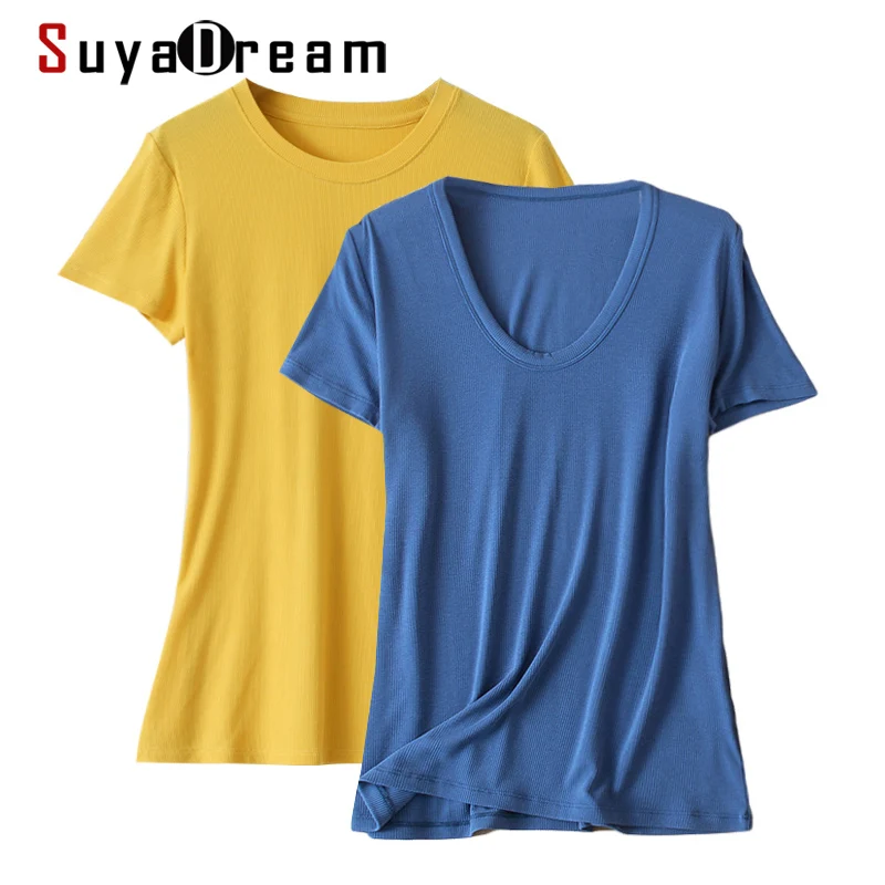 Top Trends: SuyaDream Women Basic T Shirt Real Silk Blend U Neck Short Sleeves Knitted Ribs Shirt 2021 Summer Tee Shoppable Styles