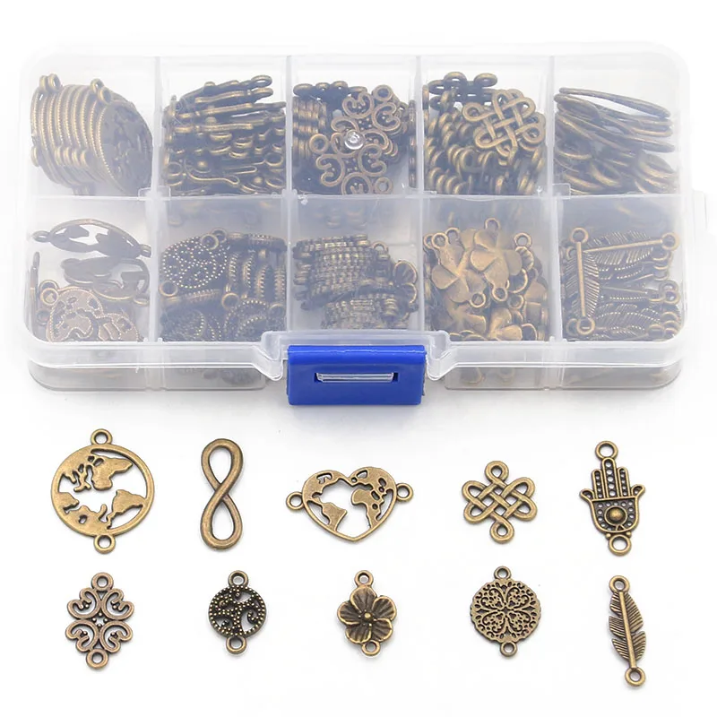 Top Trends: 1Set 100pcs 2Color 10 Styles Connector Charm Herat Flower Pendant Kit With Box Material For DIY Jewelry Necklace Bracelet Making Shoppable Styles