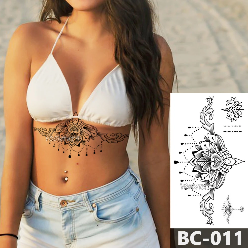 Top Trends: 1 Sheet Chest Body Tattoo Temporary Waterproof Jewelry Lace Totem Lotus Mandala Pattern Decal Waist Art Tattoo Sticker Shoppable Styles