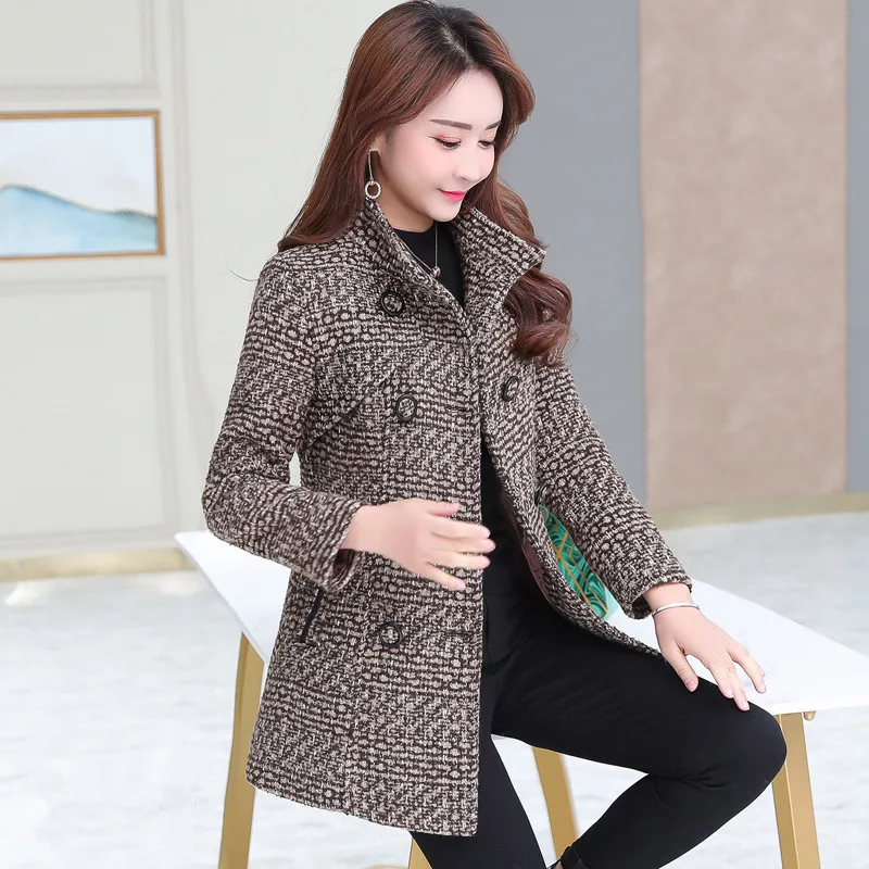 Top Trends: New Women Wool Blends Coat Autumn Winter Fashion Mother Turtleneck Plaid Slim Long Tweed Woolen Outerwear Tops Overcoat Female Shoppable Styles