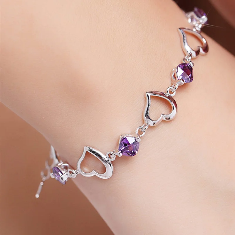 Top Trends: High Quality 925 Sterling Silver Bracelet Heart Purple Crystal Zircon Bracelet For Woman Party Engagement Jewelry Gift Shoppable Styles