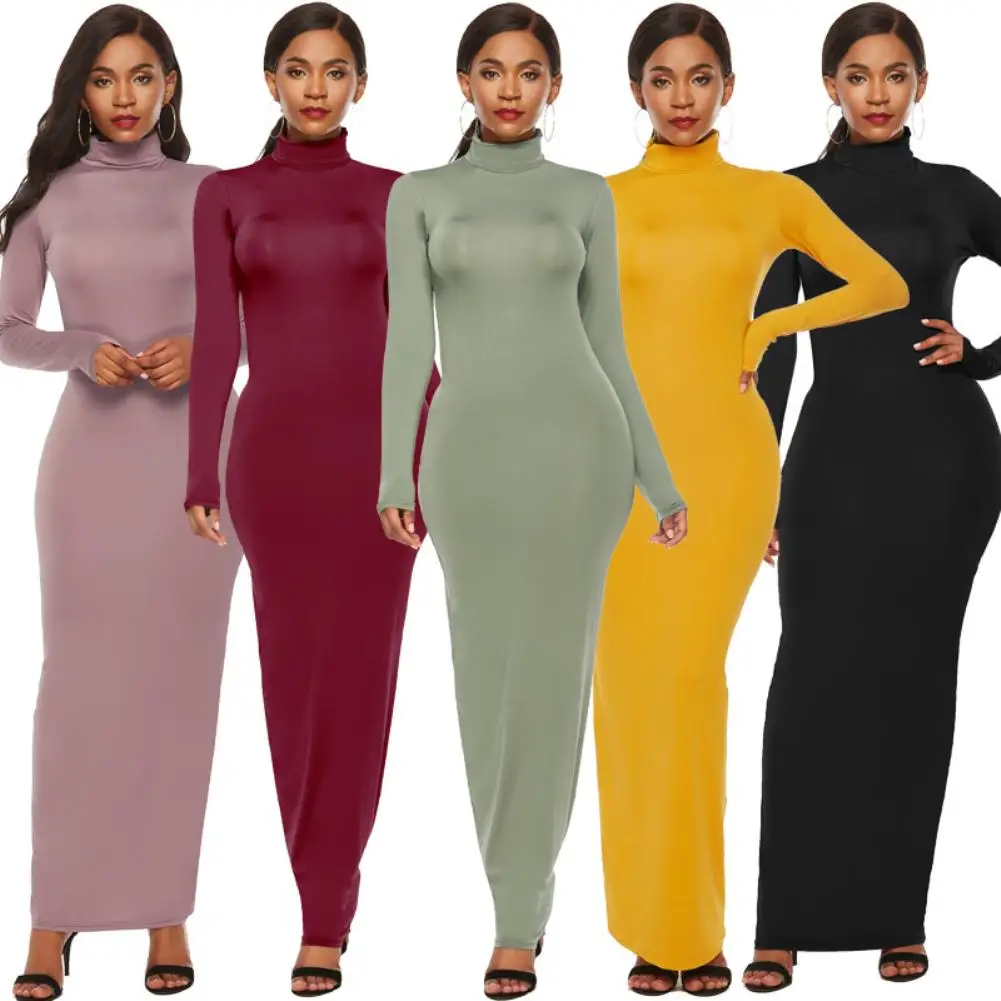 Top Trends: S-5XL Plus Size Party Dresses Women Long Sleeve Turtleneck Bodycon Maxi Dress Autumn Winter Slim Sexy Dresses Apricot / Black / Shoppable Styles