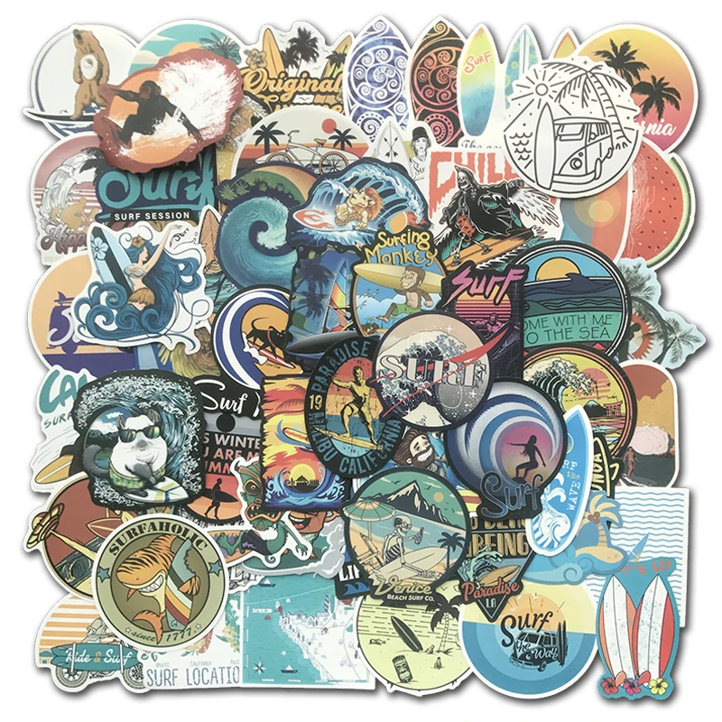 Large Surf Sticker Beach Vibes in a Sticker Pack: 50 Waterproof Surf Themed Beauties