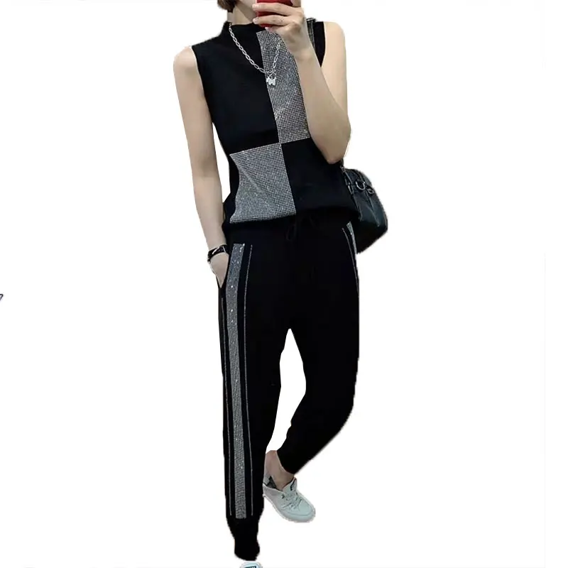 Top Trends: 2023 Summer Two Piece Set Women Fashion Sleeveless Vest Rhinestone 2 Piece Set Women High Waist Casual Knitted Tracksuit Women Shoppable Styles