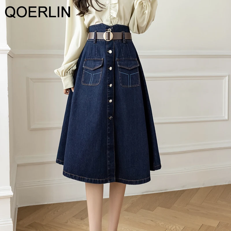 Top Trends: QOERLIN Skirt With Belted 2022 New Vintage Women&#039;s Denim Skirt High Waist Jeans Skirt Female Chic A-line Pocket Skirt A-Line Shoppable Styles