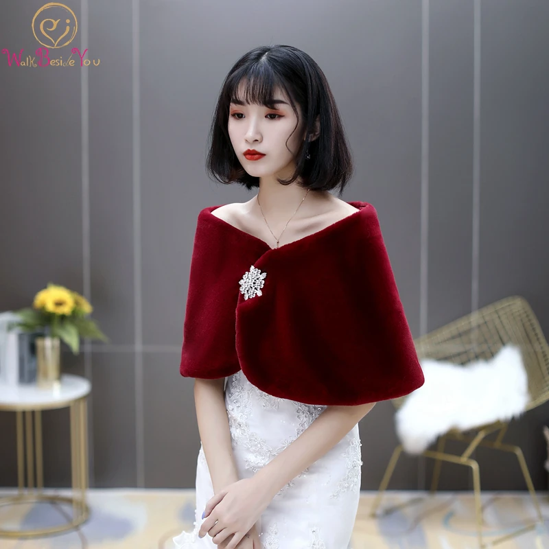 Top Trends: Burgundy Wedding Wrap Faux Fur Stole Evening Party Shawl With Rhinestone Brooch Bridal Cape Women Jacket Winter Stock Shoppable Styles