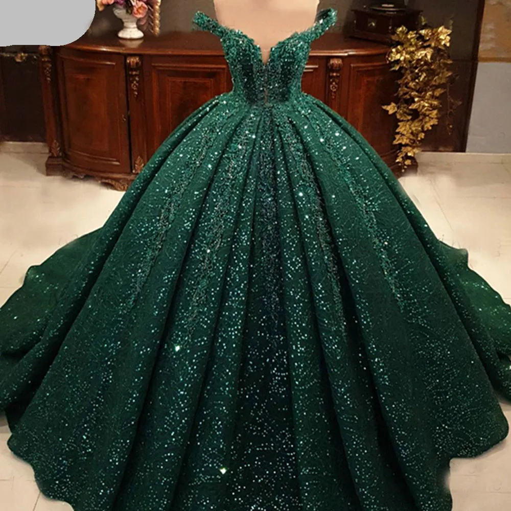 Top Trends: Arabic Green Sequins Beading Wedding Dress Off Shoulder Lace Evening Party Gowns Sweep Train Muslim Customize Shoppable Styles