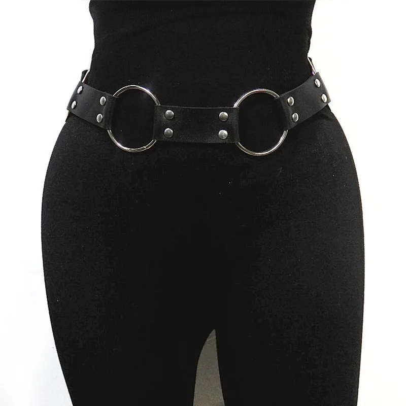 Top Trends: Fashion Women Gothic Punk Waist Belt Metal Circle Ring Design Silver Pin Buckle Leather Black Waistband Jeans Waist Belts Shoppable Styles