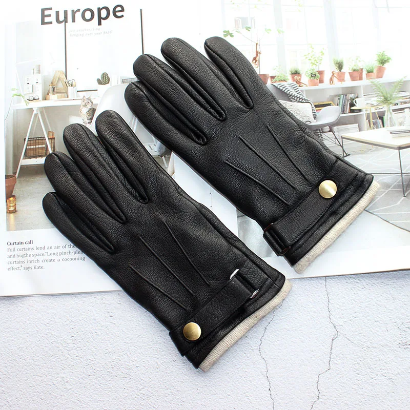 Top Trends: Motorcycle Riding Deerskin Gloves Men's Leather Thin Wool Lining 2021 New Velvet Lining Winter Warm Car Driving Gloves Arch Shoppable Styles