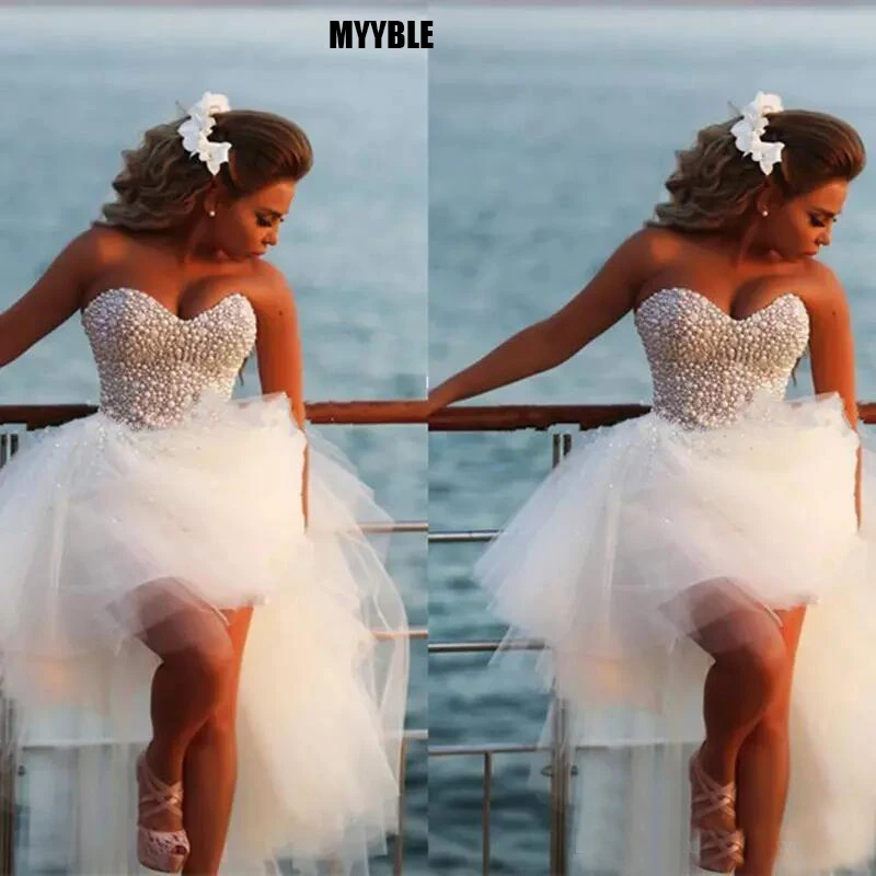 Top Trends: 2021 Vestido De Noiva New Unique Pearls Sweetheart White Tulle Short Front Long Back Wedding Dress Beach Knee Length Bridal Gown Shoppable Styles