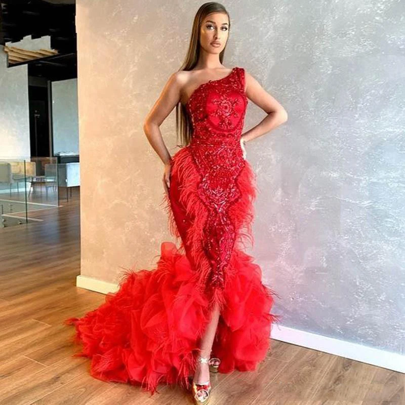 Top Trends: Red Feathers Mermaid Prom Dresses With Appliques Sequins High Low One Shoulder Evening Dress Ruffles African Party Gowns Shoppable Styles