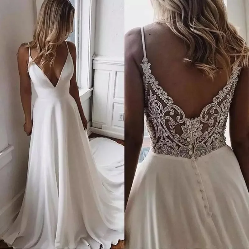 Top Trends: Spaghetti Straps V-Neck Wedding Dresses 2024 Lace Appliques Backless Elegant Bridal Gown Vestidos De Noiva A-Line Sweep Train Shoppable Styles