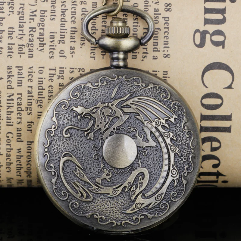 Top Trends: Classic Bronze Chinese Dragon Quartz Pocket Watch With Chain Retro Men Women Pendant Necklace Clock Gift Shoppable Styles