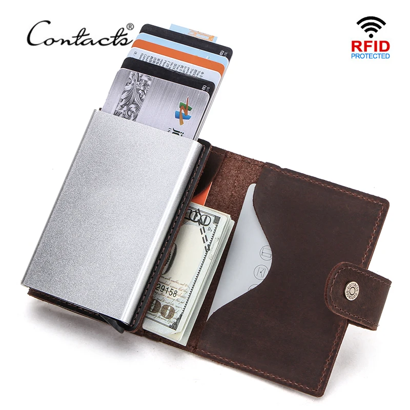 Top Trends: CONTACT&#039;S Crazy Horse Leather Card Holder Wallet Men Automatic Pop Up ID Card Case Male Coin Purse Aluminium Box RFID Blocking Shoppable Styles