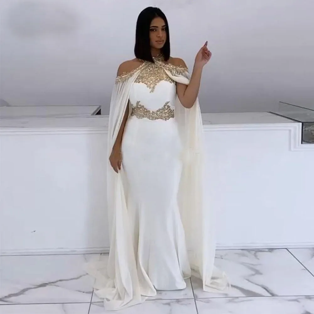 Top Trends: White Satine Mermaid Princess Evening Dresses 2024 Halter Beaded White And Gold Cape Arabic Dubai Formal Long Elegant Prom Part Shoppable Styles