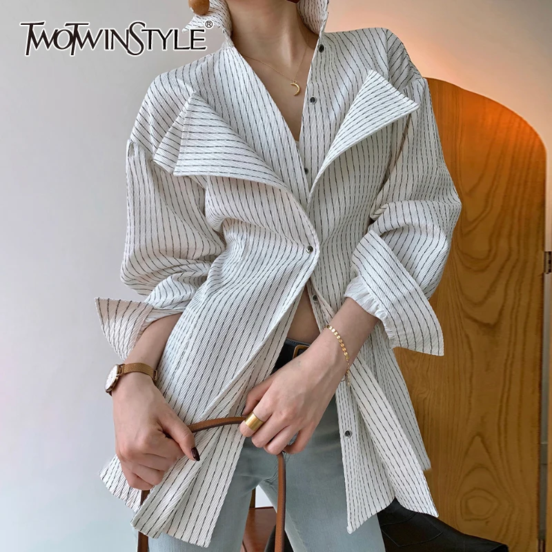 Top Trends: TWOTWINSTYLE Korean Patchwork Ruffle Shirt For Women Lapel Long Sleeve Striped Casual Fake Two Shirts Female Fashion New Clothes Shoppable Styles