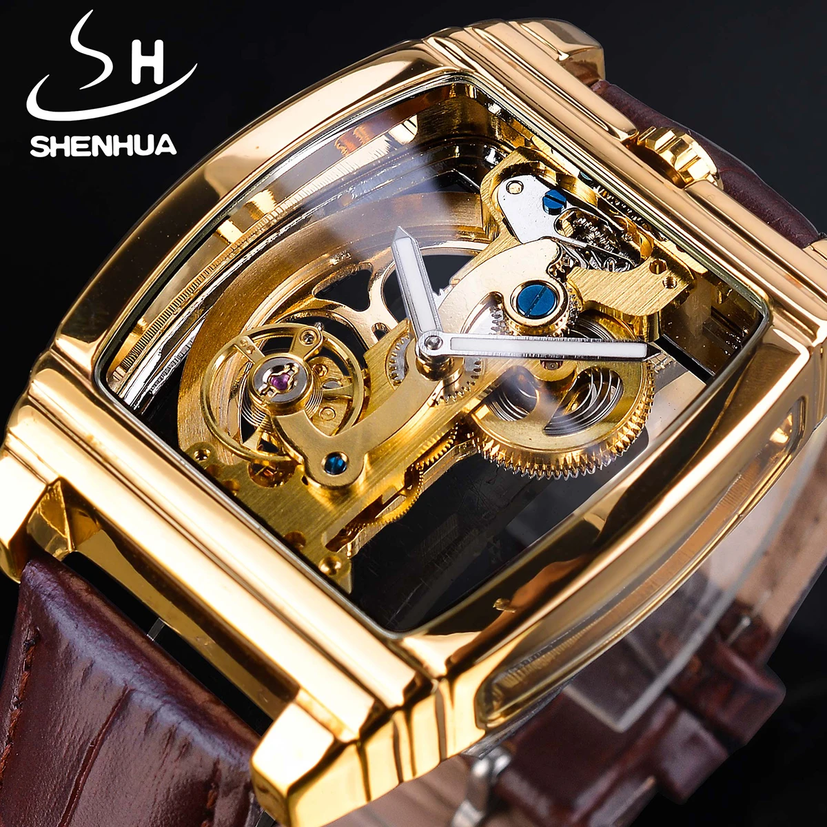 Top Trends: SHENHUA Transparent Royal Luxury Waterproof Automatic Mechanical Watch Leather Band Skeleton Tourbillion Gold Luminous Clock Shoppable Styles