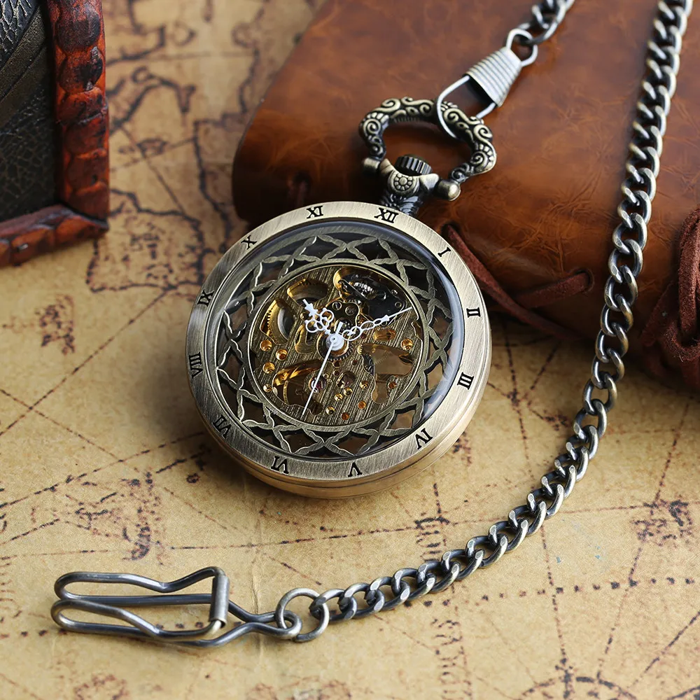 Top Trends: Transparent Bronze / Black Skeleton Manual Mechanical Pocket Watches With Hanging Chain Hand Winding Pendant Pocket Timepiece Shoppable Styles