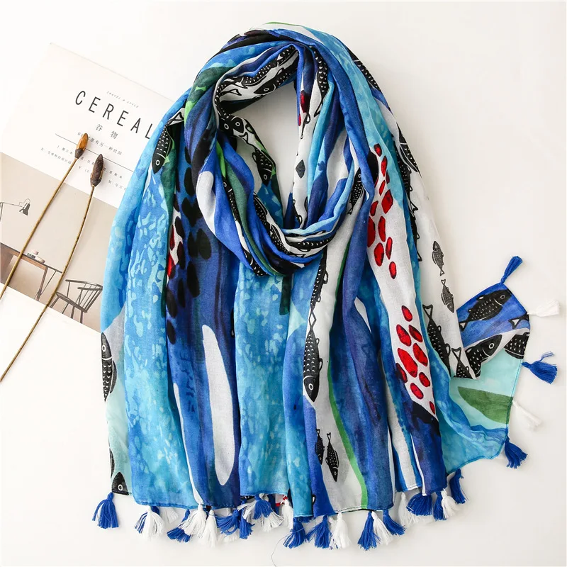 Top Trends: Lovely Creative Fish Pattern Tassel Viscose Shawl Scarf Lady High Quality Print Neckerchief Autumn Foulards Muslim Hijab Sjaal Shoppable Styles